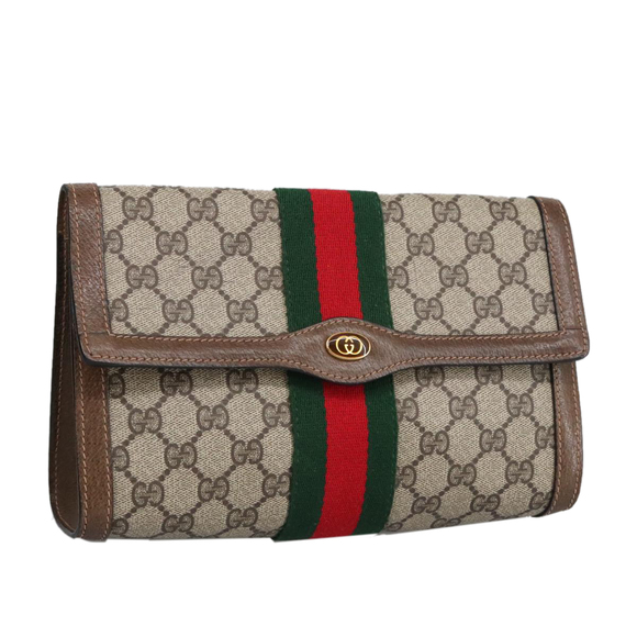 GUCCI GG Supreme Web Sherry Line Clutch Bag Beige 41 014 3087 25 Auth bs19581 - Picture 1 of 16